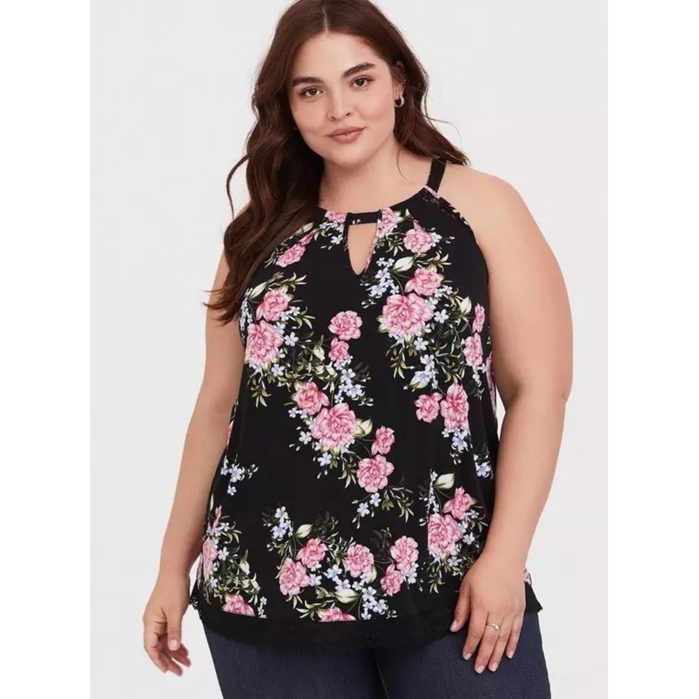 Torrid Studio Knit High Neck Keyhole Floral Lace Trim Tank Top Black Pink 5 5X